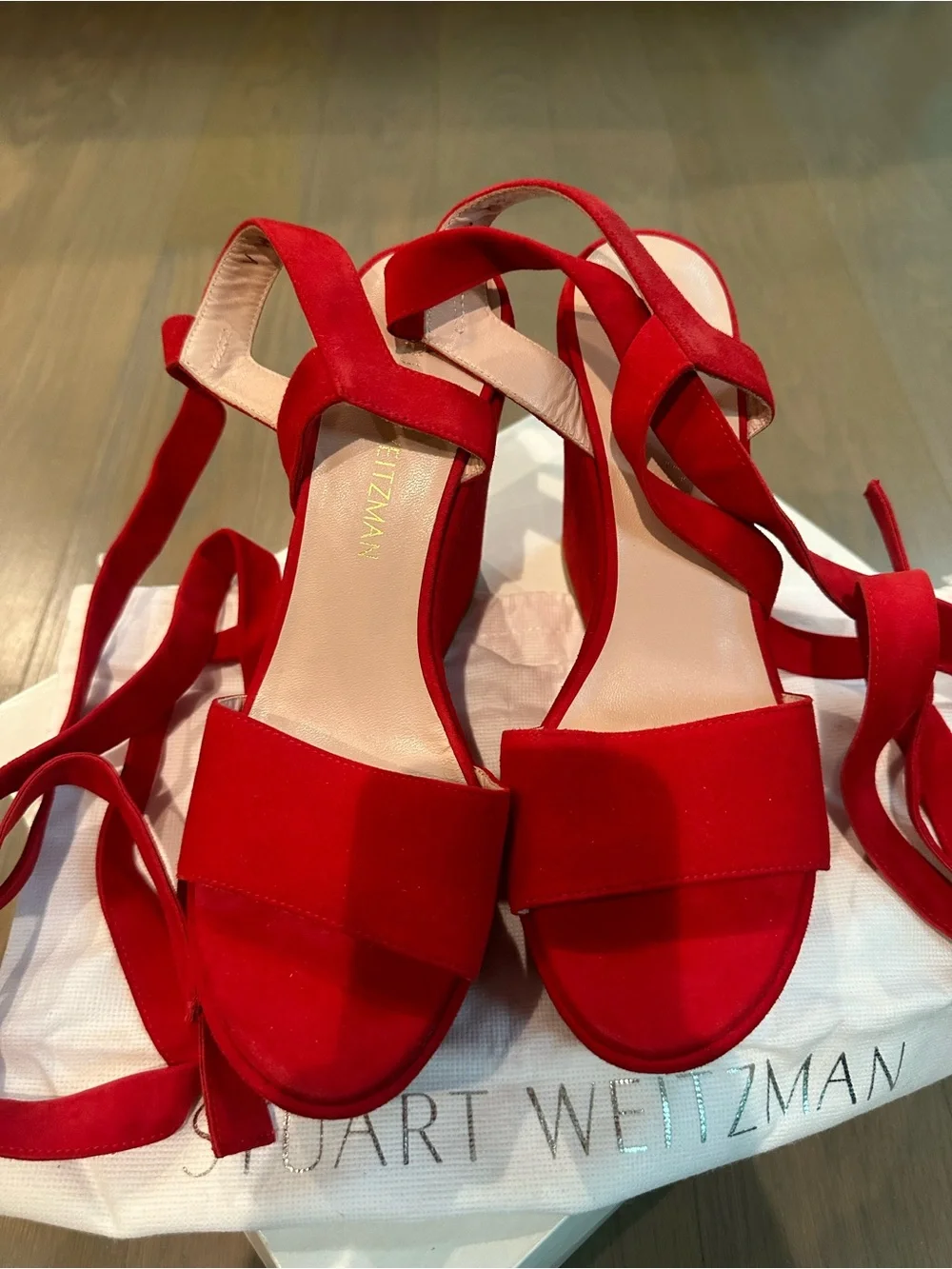 Stuart Weitzman NWOT  $450 Women Red Suede Ankle Wrap Backtie Wedge - Picture 4 of 7